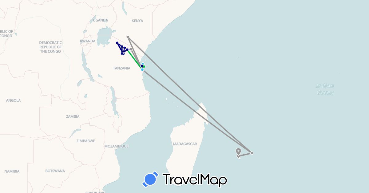 TravelMap itinerary: driving, bus, plane, boat in France, Kenya, Mauritius, Tanzania (Africa, Europe)