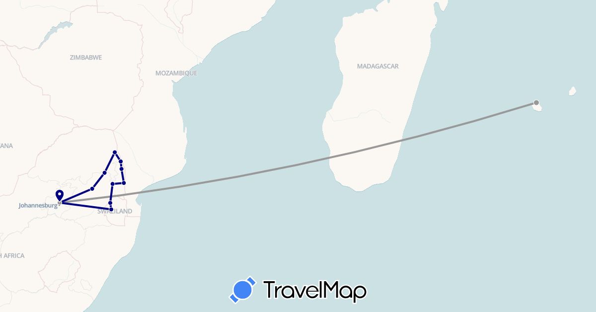 TravelMap itinerary: driving, plane in Réunion, Swaziland, South Africa (Africa)