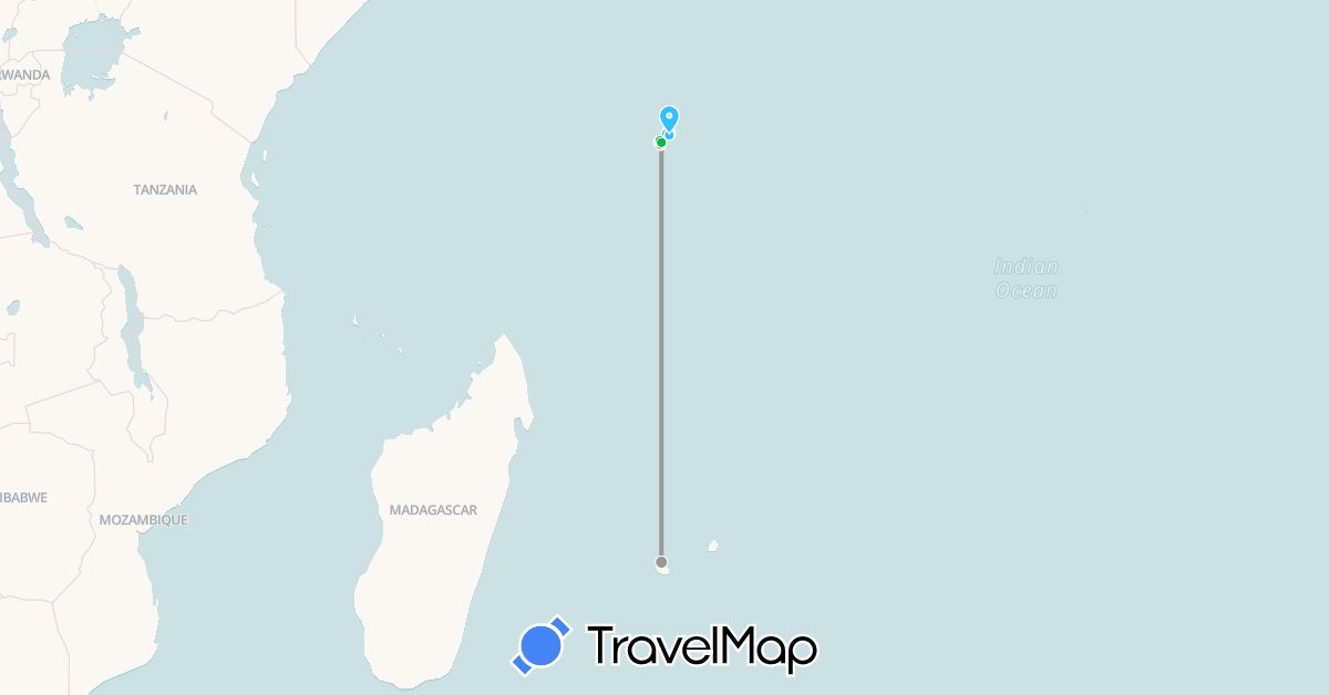 TravelMap itinerary: driving, bus, plane, cycling, hiking, boat in Réunion, Seychelles (Africa)